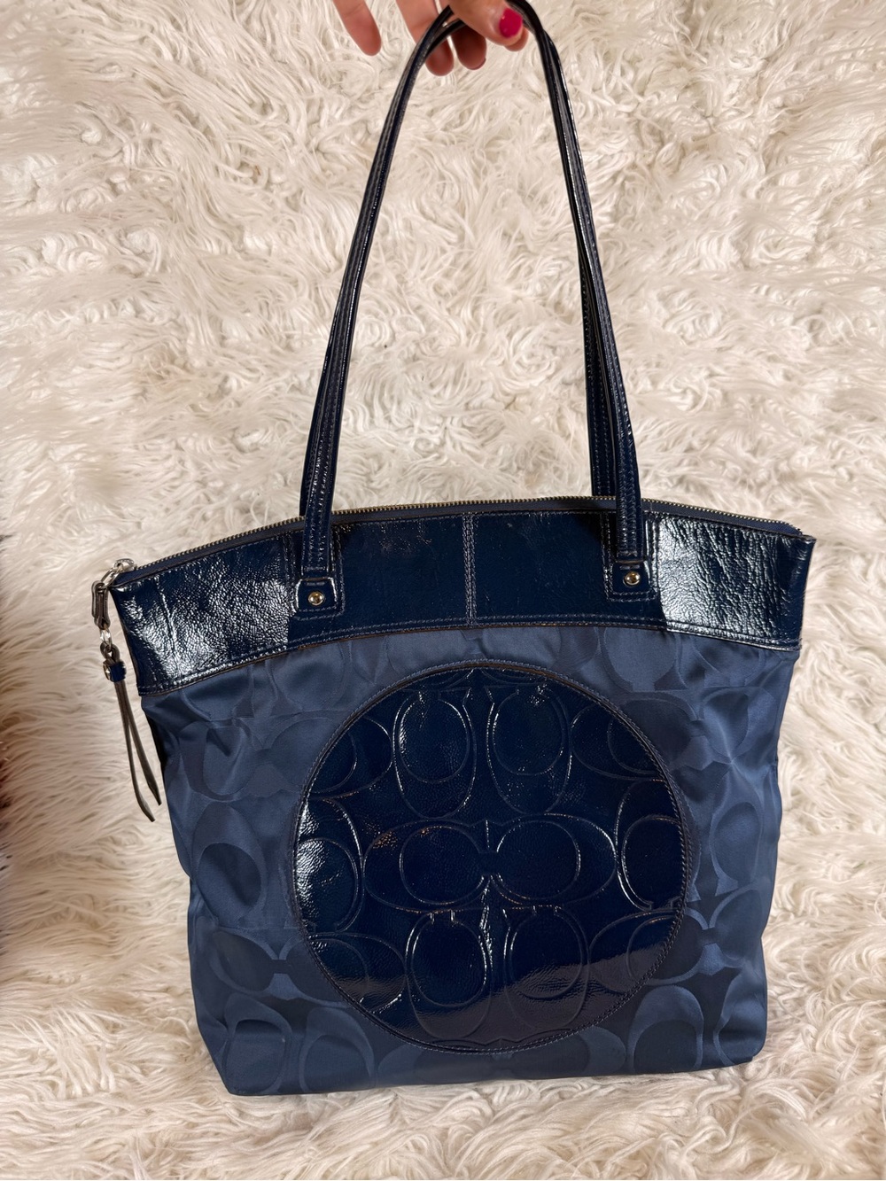 Coach Navy Signature Tote with Patent Trim